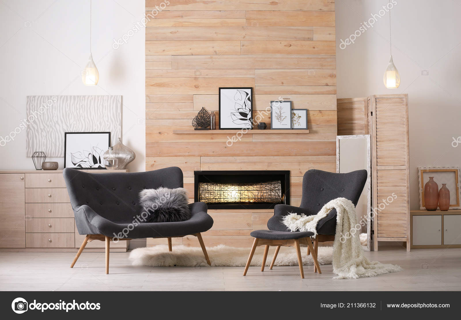 Gemütliches Wohnzimmer Interieur Mit Bequemen Möbeln Und ... Gemütliches Wohnzimmer Interieur Mit Bequemen Möbeln Und ...