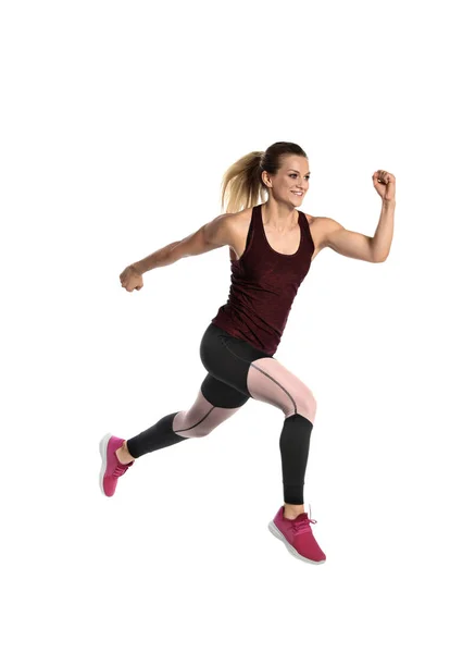 Deportiva Joven Corriendo Sobre Fondo Blanco — Foto de Stock