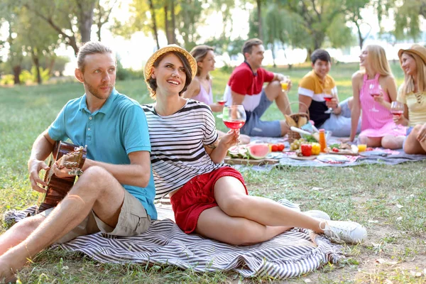 Gelukkige Vrienden Picknicken Het Park Zonnige Dag — Stockfoto