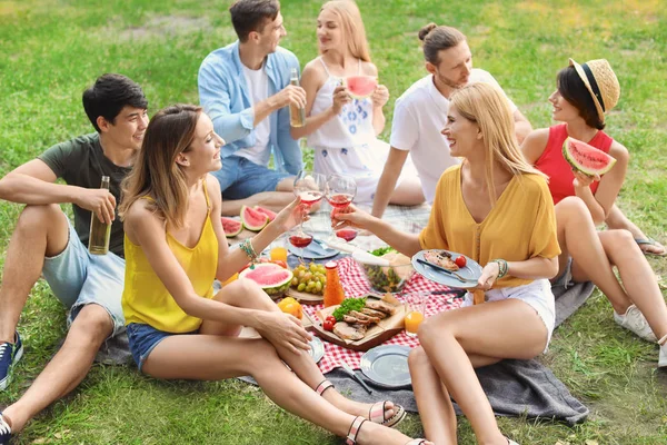 Gelukkige Vrienden Picknicken Het Park Zonnige Dag — Stockfoto