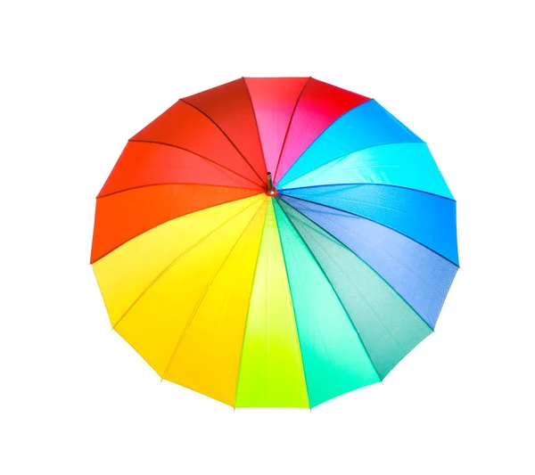 Open rainbow color umbrella on white background