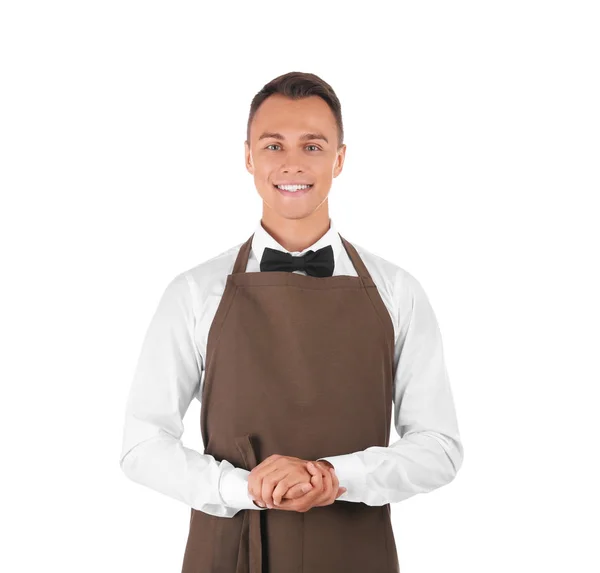 Retrato Camarero Joven Uniforme Sobre Fondo Blanco —  Fotos de Stock