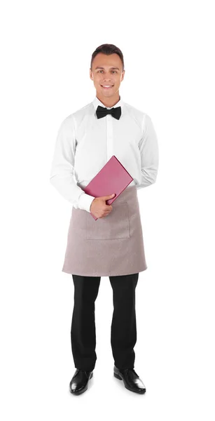 Young Waiter Menu White Background — Stock Photo, Image