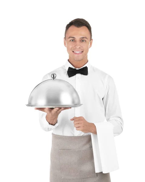 Kelner Metalowa Taca Pokrywką Białym Tle — Zdjęcie stockowe
