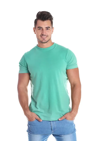 Hombre Joven Camiseta Sobre Fondo Blanco Burla Para Diseño — Foto de Stock