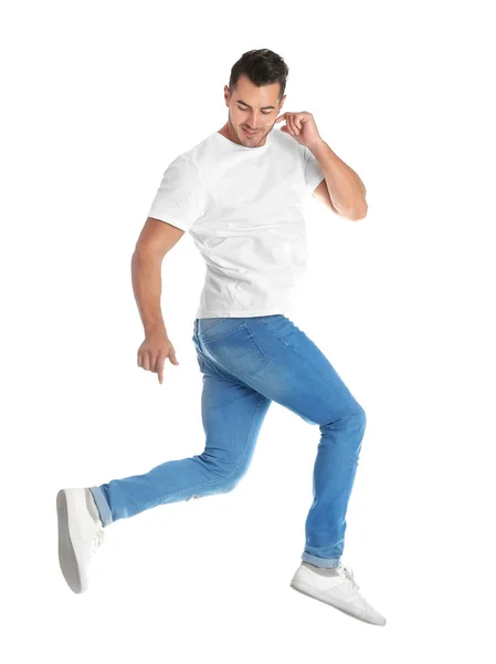 Jovem Jeans Elegantes Fundo Branco — Fotografia de Stock