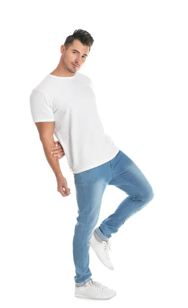 Jovem Jeans Elegantes Fundo Branco — Fotografia de Stock