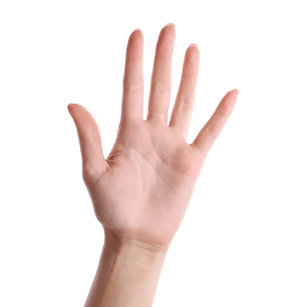 Woman Giving High Five White Background Closeup — Stock Photo, Image