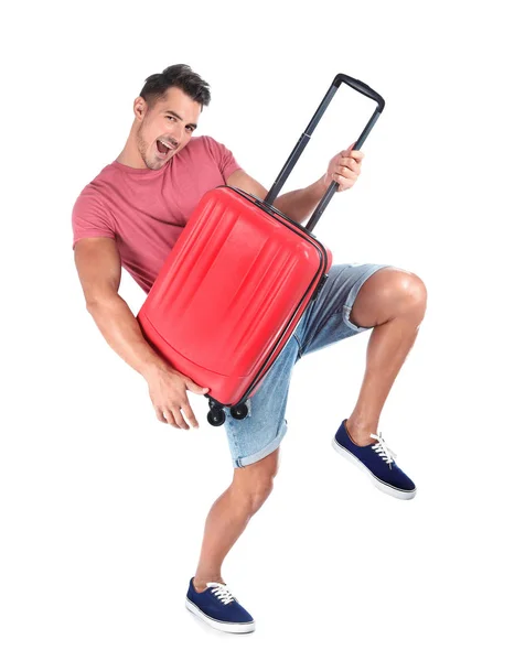 Junger Mann Mit Koffer Auf Weißem Hintergrund — Stockfoto