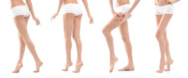 Genç kadınla beyaz arka plan üzerinde ayarlayın. Güzellik ve vücut bakımı