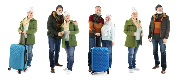 背景白に暖かい衣類やスーツケースの人と設定します 冬の休暇の準備ができて — ストック写真
