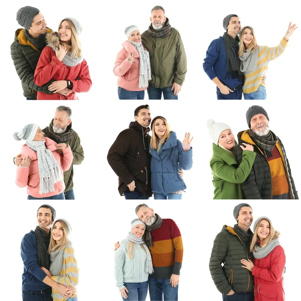 Ensemble Avec Des Couples Vêtements Chauds Sur Fond Blanc Prêt — Photo