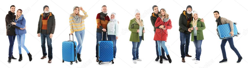 Set with people in warm clothes and suitcases on white background. Ready for winter vacation