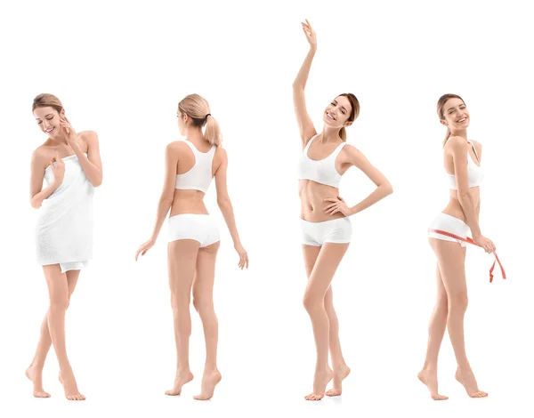 Genç Kadınla Beyaz Arka Plan Üzerinde Ayarlayın Güzellik Vücut Bakımı — Stok fotoğraf