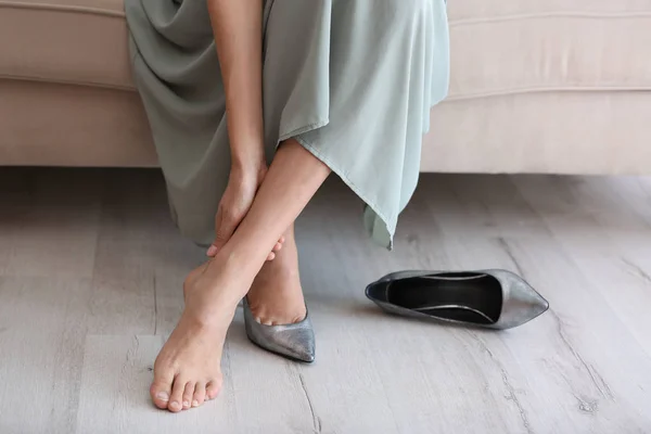 Tired Woman Taking Shoes Home Closeup View — Stock Photo, Image