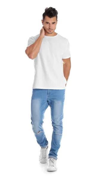 Jonge Man Stijlvolle Jeans Witte Achtergrond — Stockfoto
