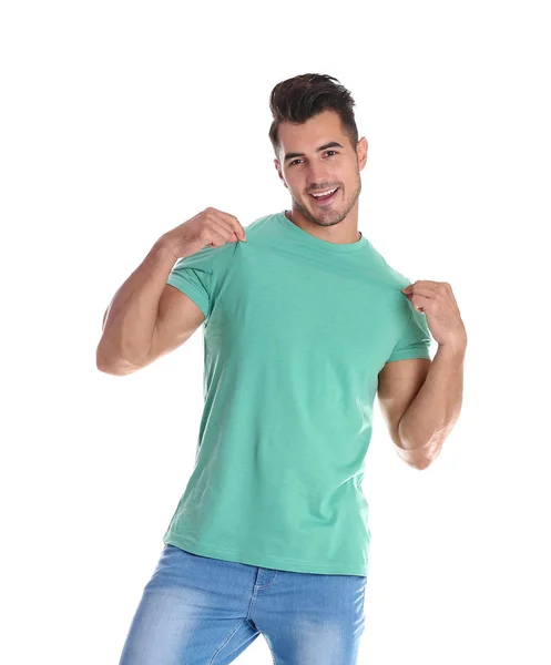 Junger Mann Shirt Auf Weißem Hintergrund Design Attrappe — Stockfoto