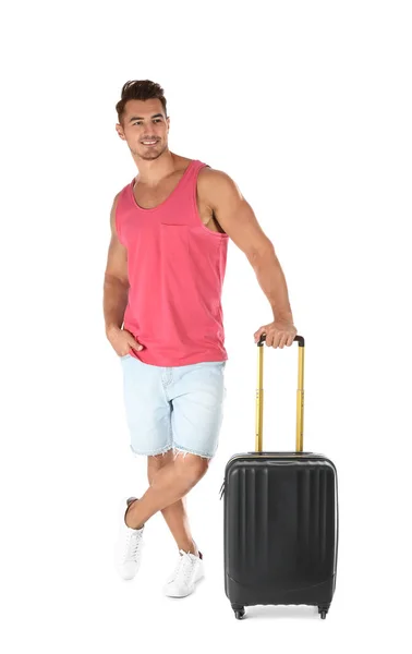 Jeune Homme Avec Valise Sur Fond Blanc — Photo