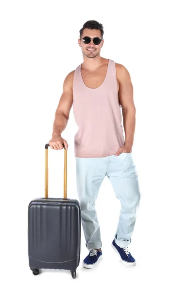 Young Man Suitcase White Background — Stock Photo, Image