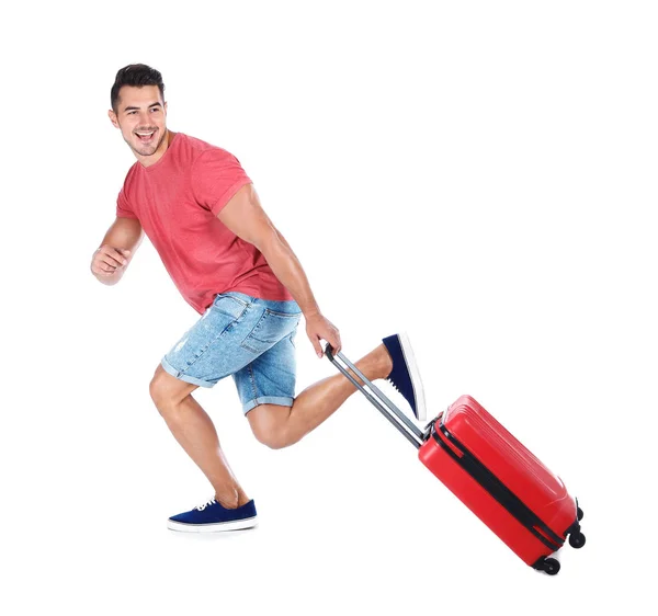 Joven Corriendo Con Maleta Sobre Fondo Blanco — Foto de Stock