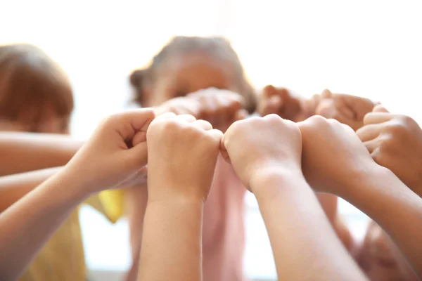 Little Children Putting Hands Together Closeup Unity Concept — Stock Photo, Image