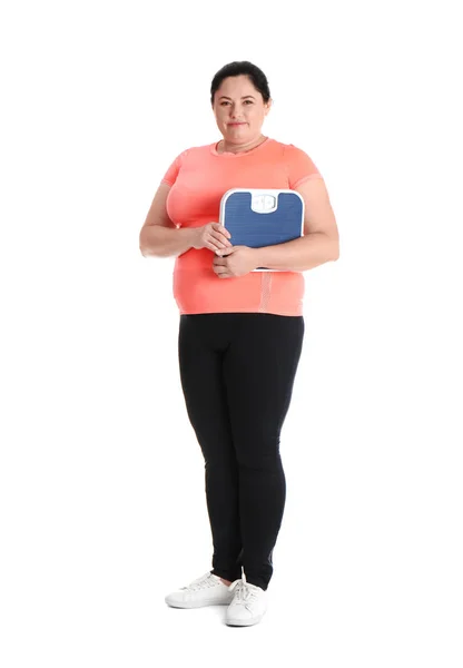 Waage Und Übergewichtige Frau Sportbekleidung Hintergrund — Stockfoto