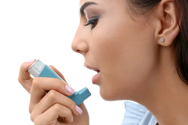 Young Woman Using Asthma Inhaler White Background Closeup — Stock Photo, Image