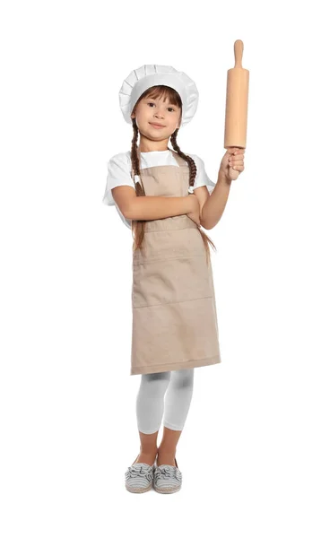 Portrait Complet Petite Fille Chapeau Chef Avec Rouleau Pâtisserie Sur — Photo