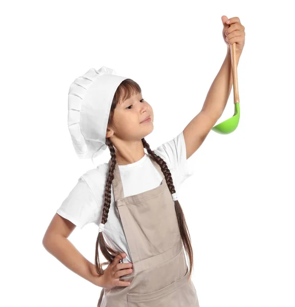 Retrato Niña Sombrero Chef Con Cuchara Sobre Fondo Blanco — Foto de Stock