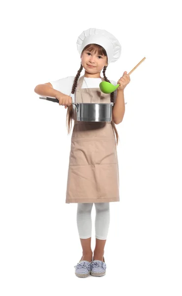 Retrato Comprimento Total Menina Chapéu Chef Com Concha Panela Fundo — Fotografia de Stock