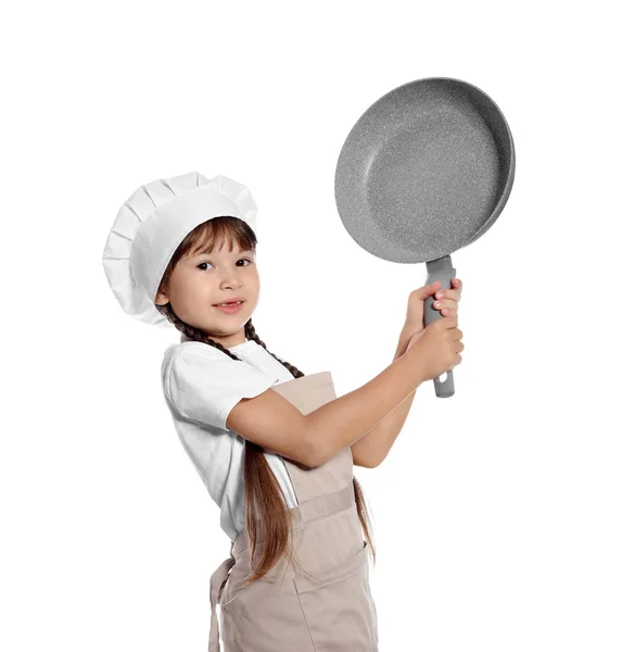 Портрет Маленької Дівчинки Капелюсі Шеф Кухаря Сковородою Білому Тлі — стокове фото