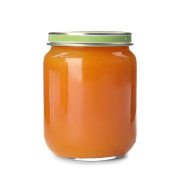 Beyaz arka plan üzerinde sağlıklı bebek maması ile jar