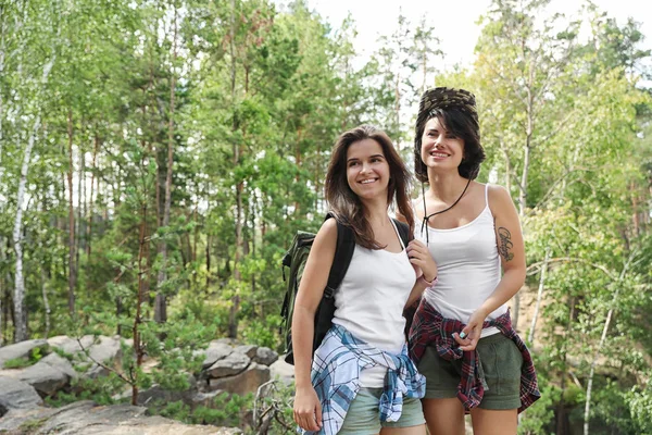 Νέοι Φίλοι Περπατώντας Μέσα Από Όμορφο Δάσος Κάμπινγκ Σεζόν — Φωτογραφία Αρχείου