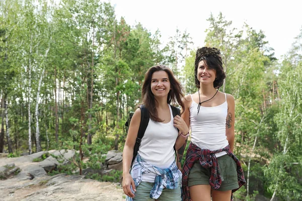 Молодые Друзья Прогуливаются Прекрасному Лесу Кемпинг — стоковое фото