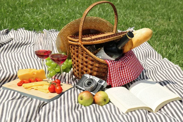 Basket with food and book on blanket in park. Summer picnic