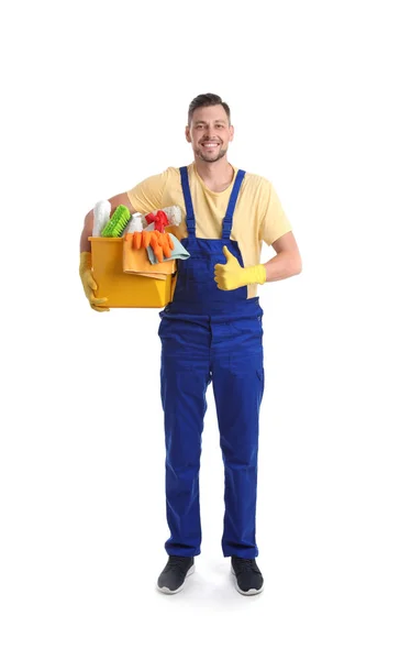 Female Janitors Cleaning Equipment White Background — Stock Photo, Image