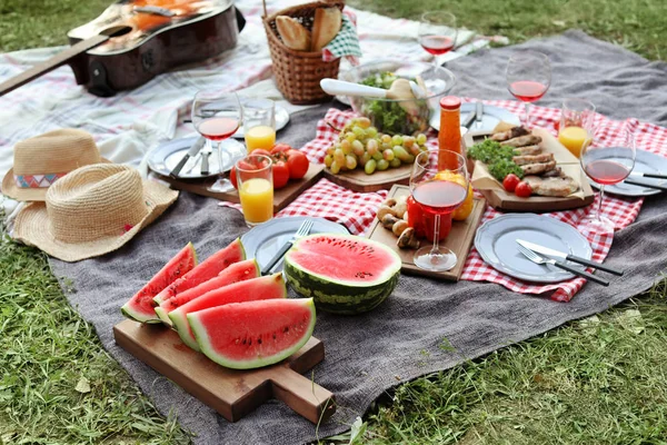 stock image Blanket with food prepared for summer picnic outdoors