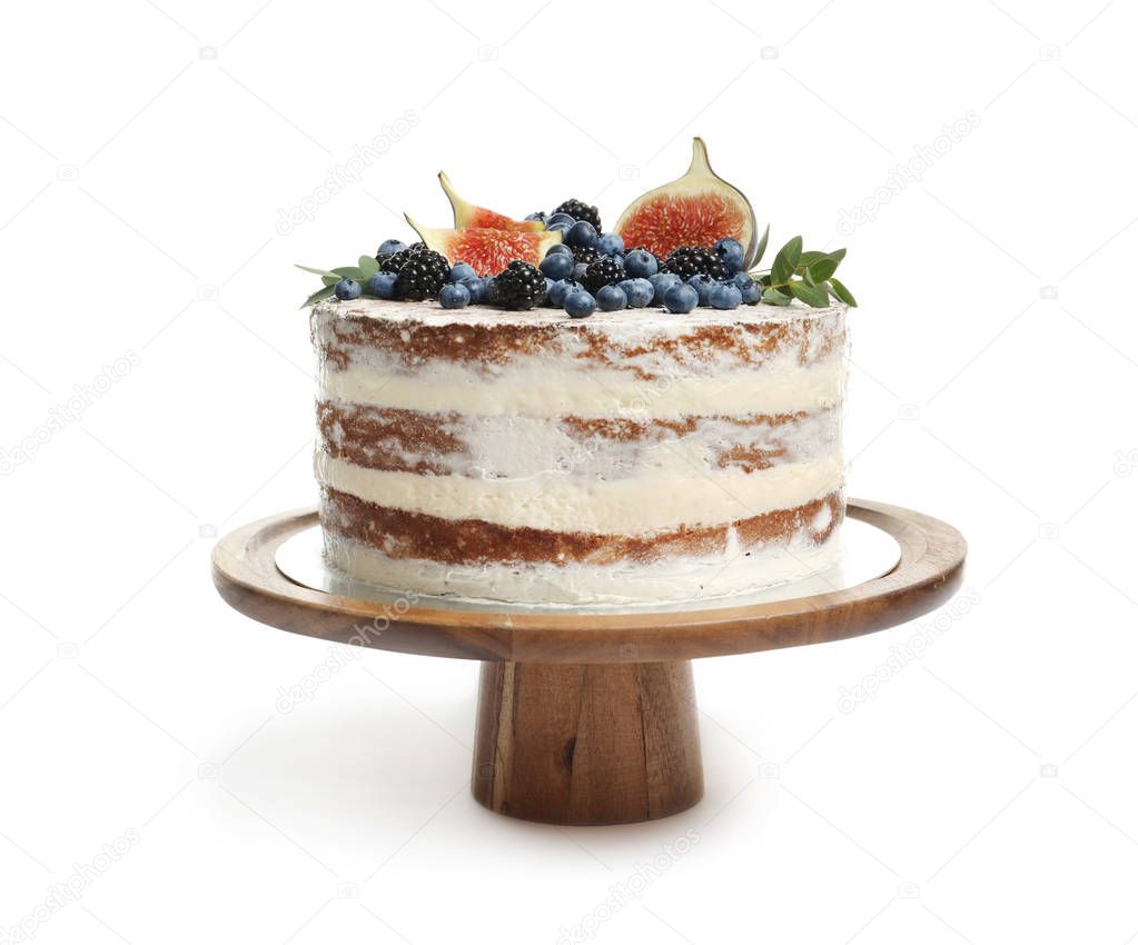 Delicious homemade cake with fresh berries on white background