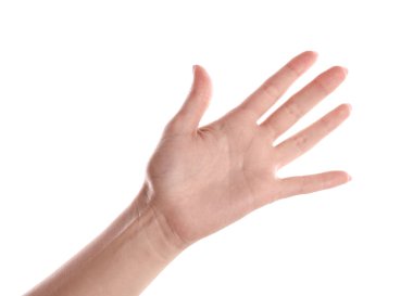 Beyaz arka planda, closeup yüksek beş veren kadın