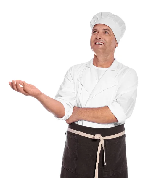 Volwassen Mannelijke Chef Kok Schort Witte Achtergrond — Stockfoto