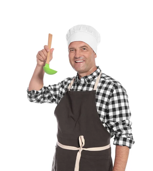 Volwassen Mannelijke Chef Kok Bedrijf Pollepel Witte Achtergrond — Stockfoto
