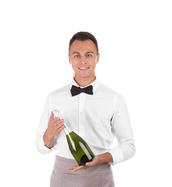 Serveur Avec Bouteille Champagne Sur Fond Blanc — Photo