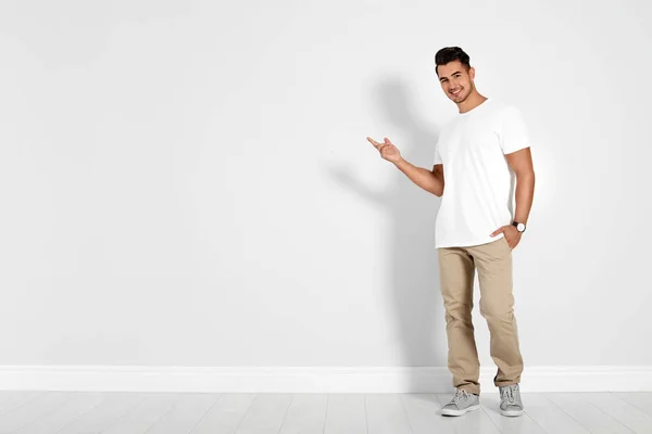 Full Length Portrait Handsome Young Man Space Text White Wall — Stock Photo, Image