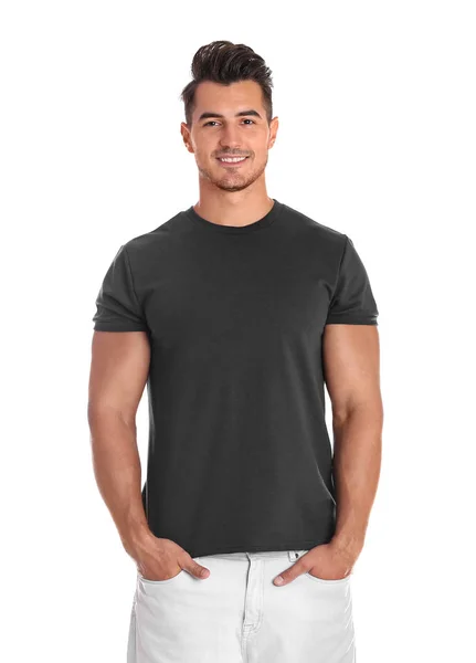 Ung Man Shirt Vit Bakgrund Mockup För Design — Stockfoto