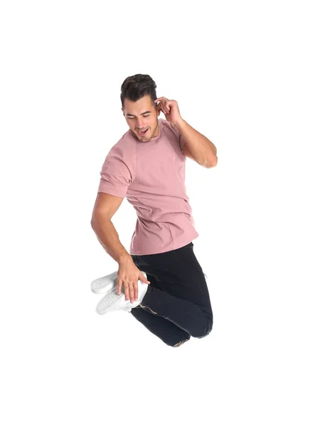 Young Man Stylish Jeans Jumping White Background — Stock Photo, Image