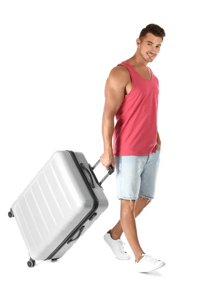 Jonge Man Met Koffer Lopen Witte Achtergrond — Stockfoto
