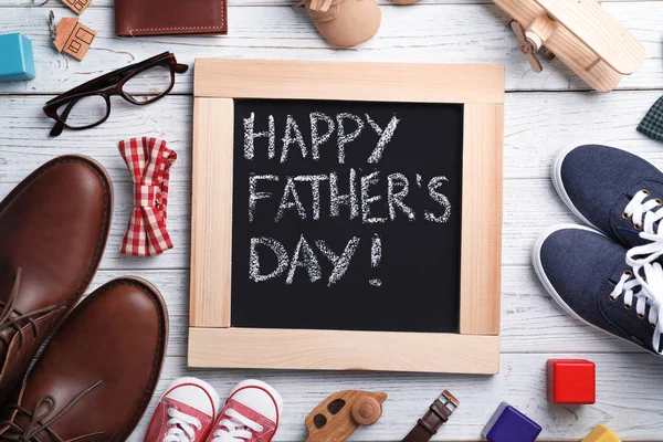 Flat Lay Composition Chalkboard Shoes Accessories Wooden Background Father Day — Stock Photo, Image