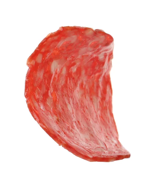 Plak Smakelijke Salami Witte Achtergrond — Stockfoto