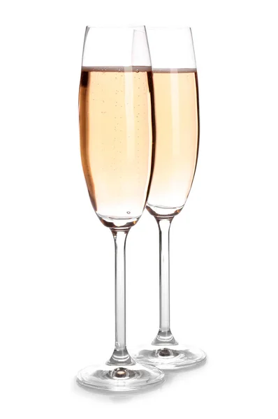 Brýle Růžové Šampaňské Bílém Pozadí Slavnostní Nápoj — Stock fotografie