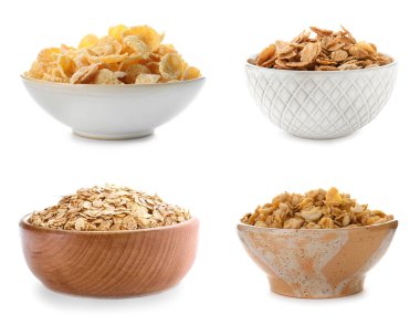 Kahvaltılık kase ile beyaz arka plan üzerinde ayarlayın. Sağlıklı bütün tahıl tarifi